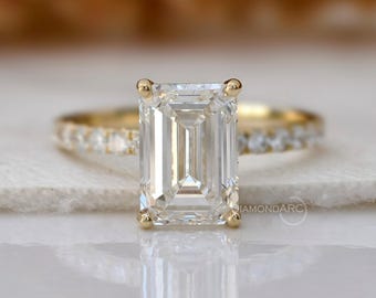 3,00 CT smaragddiamantring Paveband 14K guld Lab Grown diamant Förlovningsring Dolda Haloringar Hög infattning Vigselring Katedralring