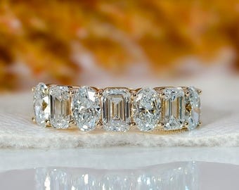 Förlovningsring i 14 karat guld med labbodlad diamant, smaragd och oval diamant, halv alliansring, stapelbar vigselring, alternativ diamantring för brud