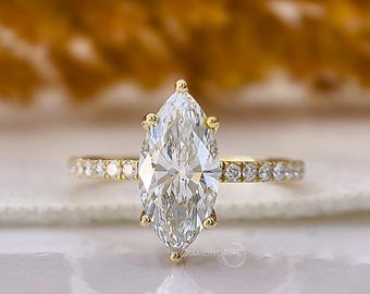14K guld Marquise Lab Grown Diamond förlovningsring Pave Band Solitaire Ring för kvinnor Löftesring Sidosten Vigselring
