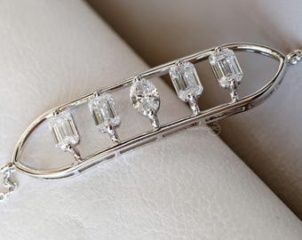 14K vitguldsarmband med smaragd och oval diamant, designerarmband med labbodlade diamanter, minimalistiskt, vardagligt stapelbart modernt kedjearmband
