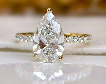 3,00 CT päronslipad diamantring med paveband i 14K guld, förlovningsring, dolda haloringar, hög infattning, vigselring, katedralring