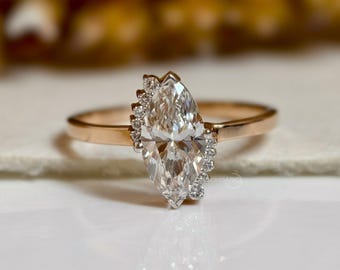 1,00 CT Marquise Designer Half Halo Förlovningsring Solitär Frieriring 14K Guld Jubileumsring Äkta Lab Grown Diamant Specialring