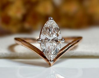1,50 CT Marquise Lab Grown Diamond Ring Marquise Förlovningsring Unik V-formad solitär diamantring Chevronring i 14k guld