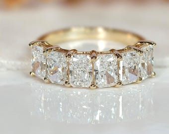 Vigselring med 6 stenar, strålande diamanter, halv alliansring för förlovningsring, stapelbar ring, jubileumsring för kvinnor, present till henne