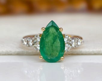 IGI-certifierad förlovningsring med naturlig grön smaragd och päron, 14K guldvigselring, frieriring, livfullt grön päronring, redo att skickas
