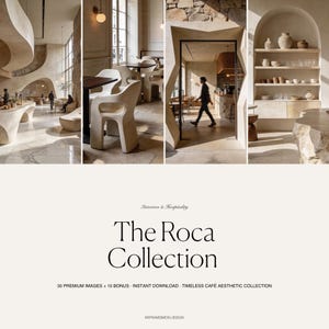 Könnte beinhalten: Eine Collage von Innenarchitektur-Bildern mit einem Café. Die Bilder zeigen moderne Möbel, architektonische Details und eine neutrale Farbpalette. Der Text auf dem Bild lautet "The Roca Collection" und "Interiors & Hospitality".