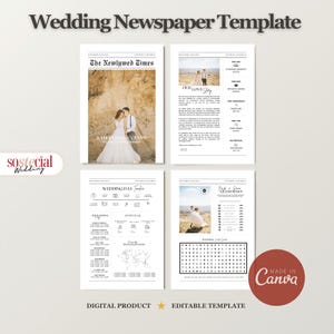 May include: A wedding newspaper template with four pages. The top left page is titled "The Newlywed Times" with a photo of a couple. The other pages include wedding details, a timeline, and a word search. The template is a digital product and editable.