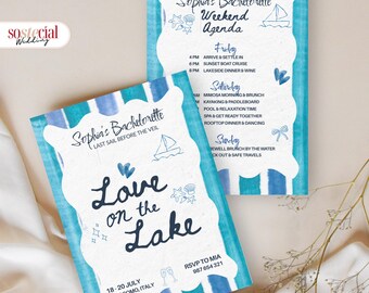 Plantilla editable de Canva para invitación de despedida de soltera "Amor en el lago", invitación para fiesta de despedida de soltera en Lake Tahoe, "Último paseo en barco antes del velo", despedida de soltera.
