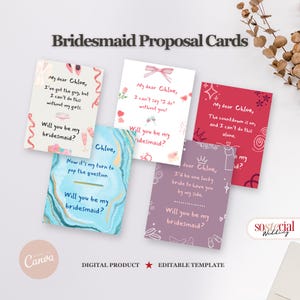 Puede incluir: Una colección de tarjetas de propuesta de dama de honor con varios diseños y textos. Cada tarjeta presenta un mensaje diferente, como "¿Quieres ser mi dama de honor?" y "Querida Chloe." Las tarjetas son en tonos de rosa, azul y morado, con elementos decorativos.