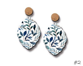 Filigree Leaf Wood Charm – Blue Floral Dangle Pendants (2 PCS) MS7-6