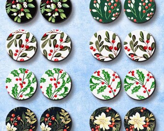 Christmas Holly Birch Wood Cabochons – Leaf Flower Filigree, Ear Studs (12-25mm)