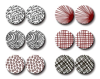 May include: Set of 10 laser cut wood charms with various geometric patterns in black and white and red and white. The patterns include dots, lines, and grids. HALOCOLOR Professional Laser Cut Wood Charm is printed at the top of the image.