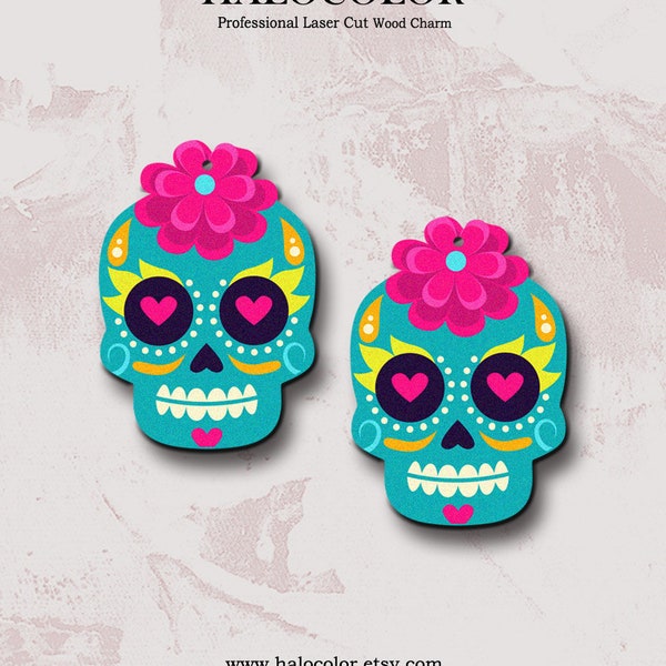 NEW! - Print Series - 2 Pcs 31 x 38 mm Filigree Sugar Skull Wood Charm / Wooden  Dangle/ Pendant /Embellishments G-87