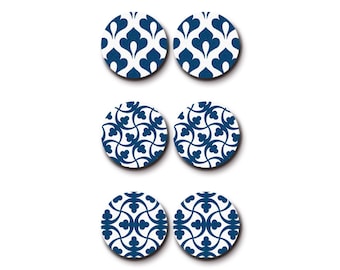 May include: Six round wooden laser cut charms with a blue and white geometric pattern. The charms are arranged in two rows of three. The text "HALOCOLOR" and "Professional Laser Cut Wood Charm" are at the top of the image. The text "www.halocolor.etsy.com" is at the bottom of the image.