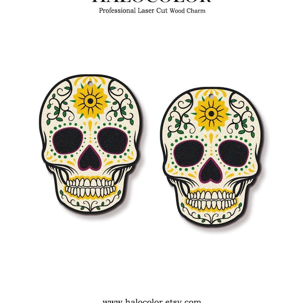 NEW! - Print Series - 2 Pcs 28 x 38 mm Filigree Vintage Style Sugar Skull Light Weight Wood Charm / Halloween Wooden Dangle/ Pendant /G-157