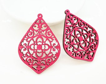 NEW! - Dyeing Series - 6 Pcs 37 x 52 mm Variety of Colors Filigree Boho Native Lace Wood Dangle/ Wooden Charm/Pendant NM2340