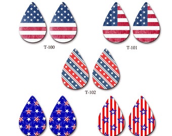 Print Series - 2 Pcs Filigree American Flag 4th Of July Celebration TearDrop Wood Charm / Wooden Pendant /Fit For Earring /T-100 - 104