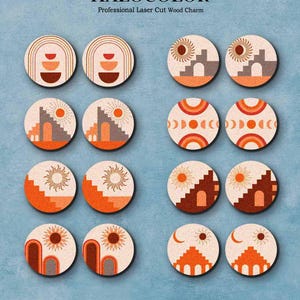 Puede incluir: Conjunto de 12 abalorios de madera cortados con láser con diseños geométricos en naranja, marrón y blanco. Los diseños presentan soles, lunas, arcos y escalones. HALOCOLOR Amuleto de madera cortado con láser profesional www.halocolor.etsy.com