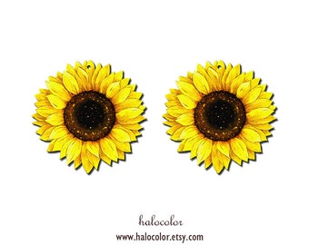 Print Series - 2 PCS 40 x40 mm Colorful Sunflower Wood Charm / Wooden Dangle/ Pendant /Embellishments / Light weight / G-9