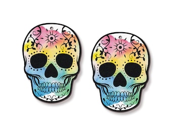 NEW! - Print Series - 2 Pcs 28 x 38 mm Filigree Vintage Style Sugar Skull Light Weight Wood Charm / Halloween Wooden Dangle/ Pendant /G-160