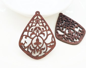 NEW! - Dyeing Series - 6 Pcs 36 x 47 mm Variety of Colors Filigree Heart With Lace Wood Dangle/ Wooden Charm/Pendant NM2449