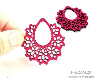 Dyeing Series - 43 x  45 mm Variety of Colors Filigree Lace Wood Dangle/ Wooden Charm/Pendant NM1245