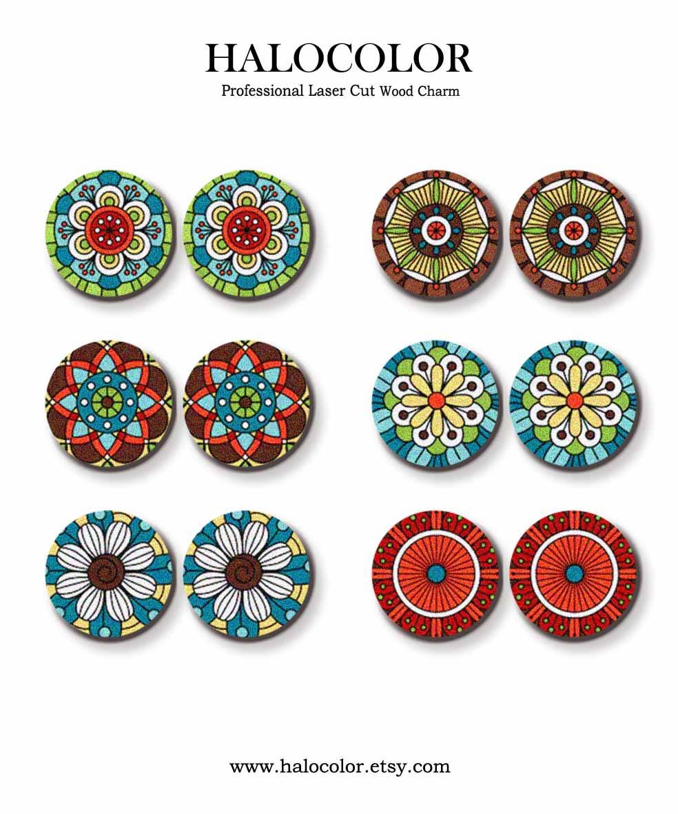 Little Color Wood Cabochons - Filigree Flower Botanical Boho Abstract Wood Cab / 12mm /16mm/20mm/25mm/Wood Cab For Ear Stud/ LPC-1192