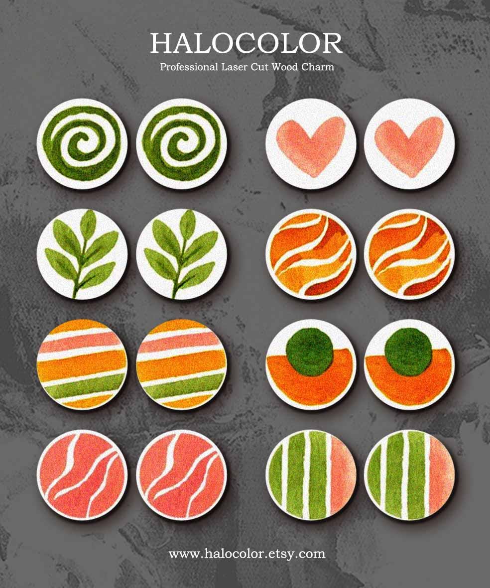 Little Color Wood Cabochons - Filigree Geometric Abstract Heart Leaf Colorful Wood Cab / 12mm /16mm/20mm/25mm / For Ear Stud/ LPC-1238