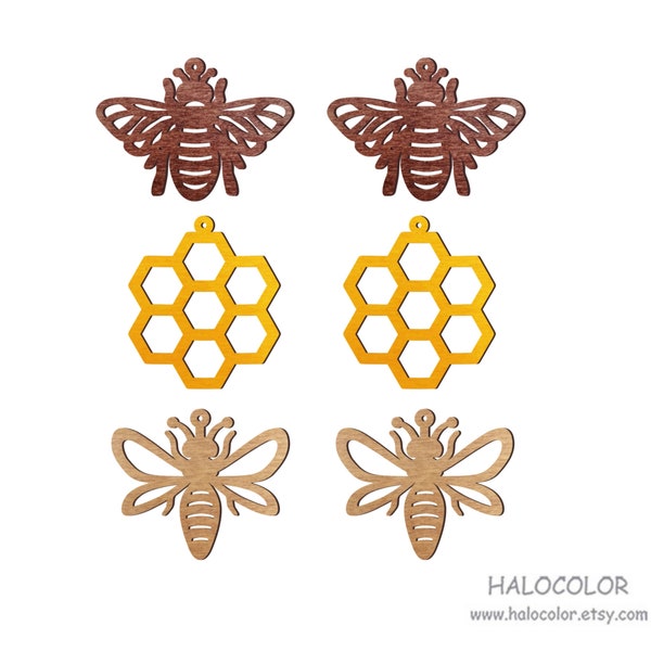 NEW! - Dyeing Series - 6 Pcs Variety of Colors Filigree Bee And Honey Wood Dangle/ Wooden Charm/Pendant NM1755