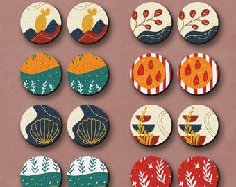 May include: Twelve round wooden charms featuring a variety of colourful patterns, including cacti, leaves, seashells, and geometric designs. The charms are laser cut and ideal for adding a unique touch to crafts and jewellery.