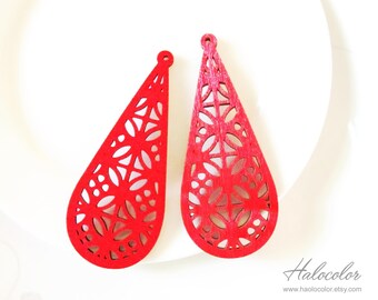 Dyeing Series - 6 Pcs 30 x  72 mm Variety of Colors Filigree Geometric Wood Dangle/ Wooden Charm/Pendant NM962