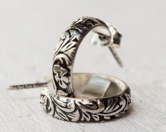Hand Forged Sterling Silver Floral Hoop Earrings: Summer Jewelry