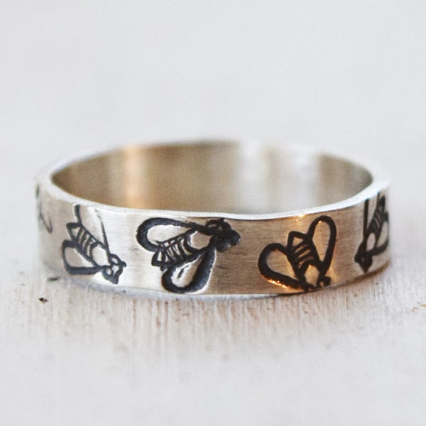 Sterling Silver Hand Stamped Bee Band, Perfect Gift For Beekeeper, Bug Lover or Science Geek