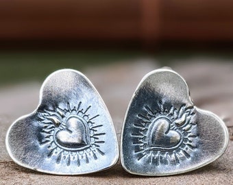 Rustic Hand Stamped Sterling Silver Sacred Heart Earrings