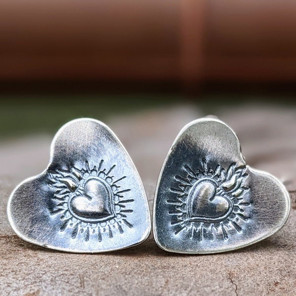 Sterling Silver Hand Stamped Sacred Heart Earrings, Handmade Valentines Day Gift