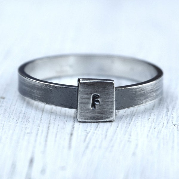 Rustic Blackened Monogram Ring, Your Choice of Letter, 3mm Band With a 2mm Capital Font
