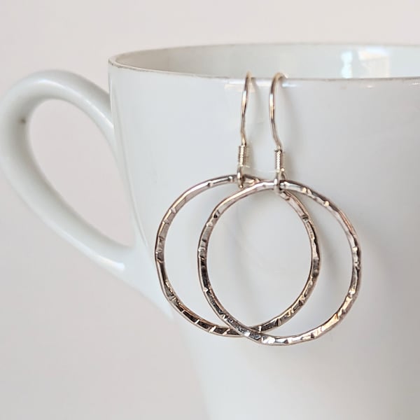 Small sterling silver hammered hoop earrings, simple metalwork circles, perfect for everyday, ready to ship