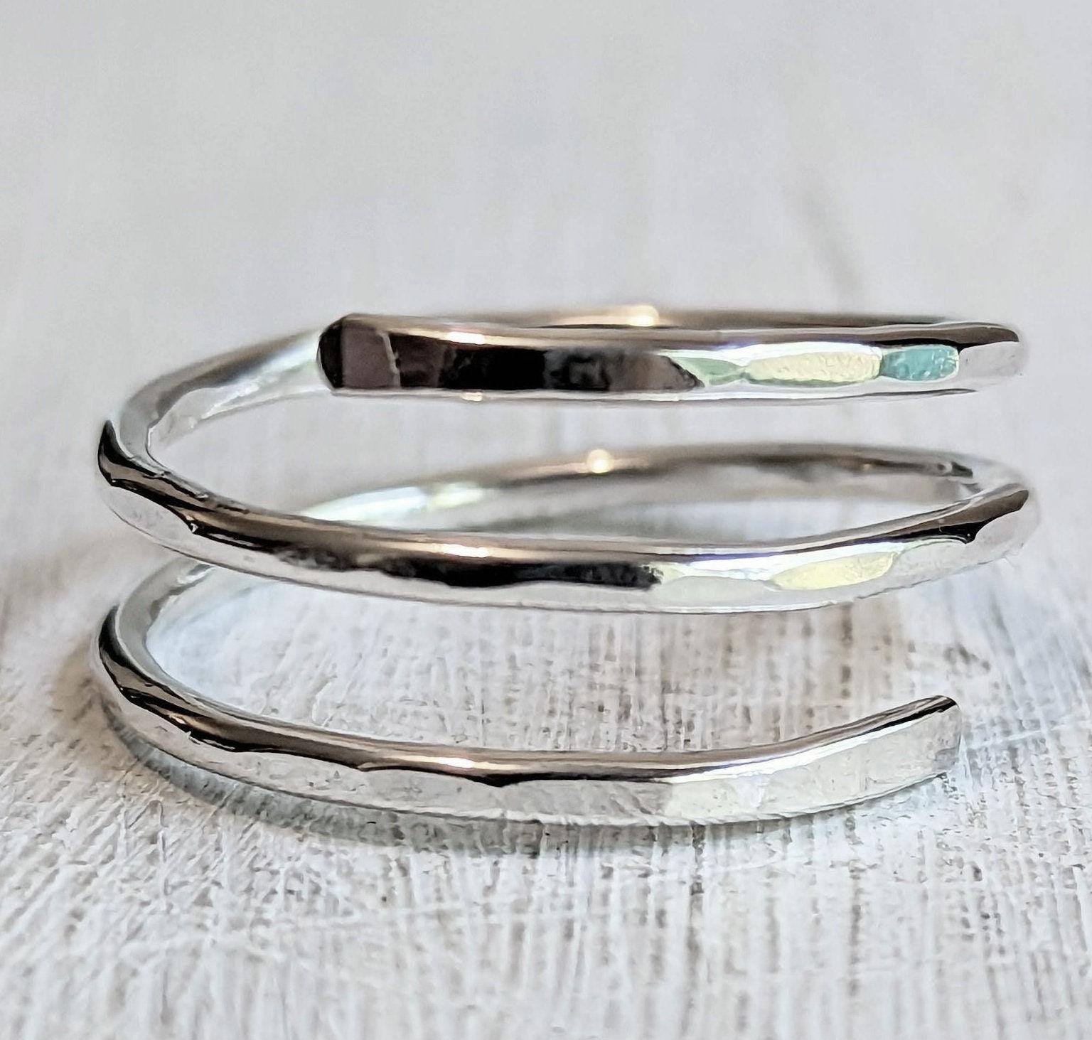 Sterling silver double wrap ring, hammered wraparound, spiral, bypass ring