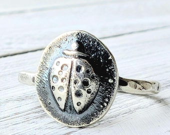 Sterling silver ladybug stacking ring or earrings, handmade metalwork jewelry