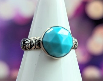Gorgeous Sterling Silver One of a Kind Ring with Faceted Turquoise and a Floral Band, Size 7, Ready to Ship