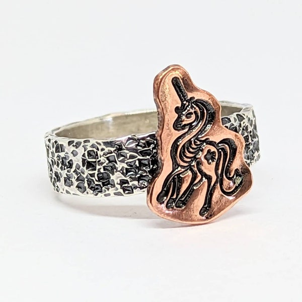 Sterling Silver Hand Stamped Unicorn Ring, Wide Hammered Band, Handmade in Your Size