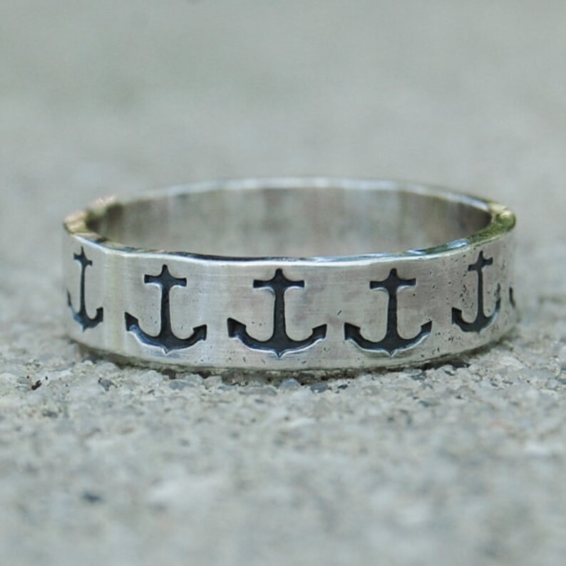 Sterling Silver Nautical Anchor Band Hand Stamped Pattern Etsy