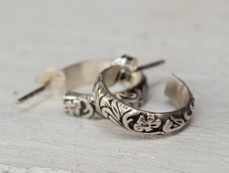Custom Made Sterling Silver Small Floral Hoop Earrings