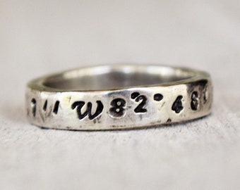 Thick Sterling Silver Latitude Longitude Coordinates Ring / Personalized / Rustic Jewelry / Wedding Gift / Gift for Traveler