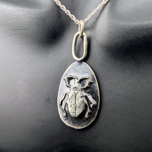 May include: Silver-toned pendant necklace featuring an oval pendant with a detailed beetle design. The beetle is raised against a dark background, and the necklace has a delicate chain. The pendant is approximately 2 inches long.