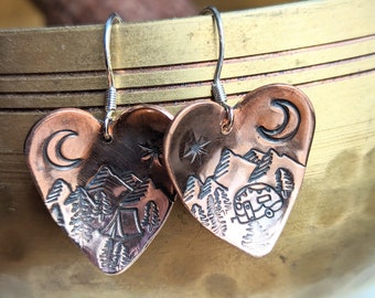 Camping in mountains, hand stamped earrings with sterling silver earwires, handmade and ready to ship,  Mothers Day Gift