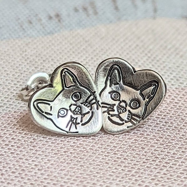 Handmade Sterling Silver Hand Stamped Heart, Cat Earrings