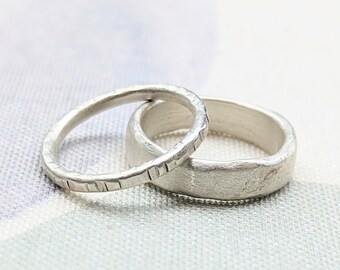 Handmade sterling silver thick and thin minimalist rings with a brushed matte finish