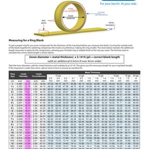 May include: A Ring Blank Sizing Chart from Rio Grande featuring a diagram of a ring band with labels for inside circumference, inside diameter, ring width, and metal thickness, alongside a comprehensive table of US ring sizes and measurements.
