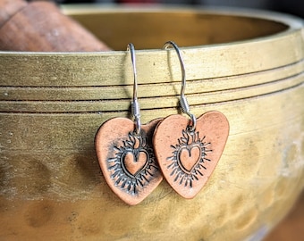 Sterling Silver and Copper Hand Stamped Sacred Heart Earrings, Handmade Mothers Day Gift